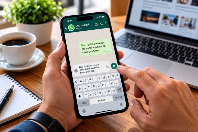 Pessoa usando o WhatsApp no celular para preparar uma mensagem de atendimento.