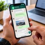 Pessoa usando um smartphone para acessar uma conversa em grupo no WhatsApp.