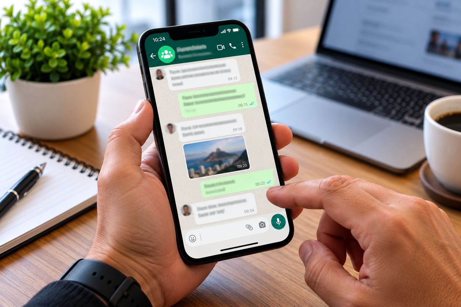 Pessoa usando um smartphone para acessar uma conversa em grupo no WhatsApp.