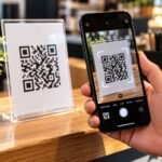 Pessoa usando um celular para escanear um QR Code em um balcão.