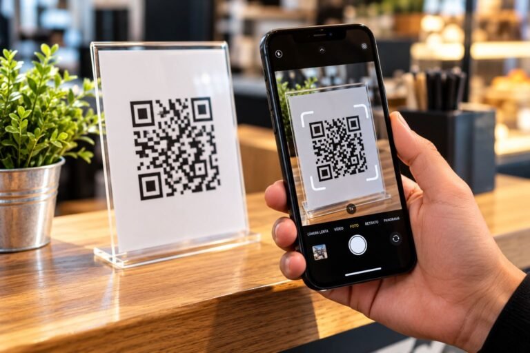 Pessoa usando um celular para escanear um QR Code em um balcão.