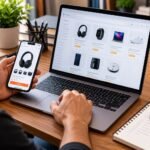 Pessoa analisando produtos em um notebook e smartphone para organizar links de divulgação.