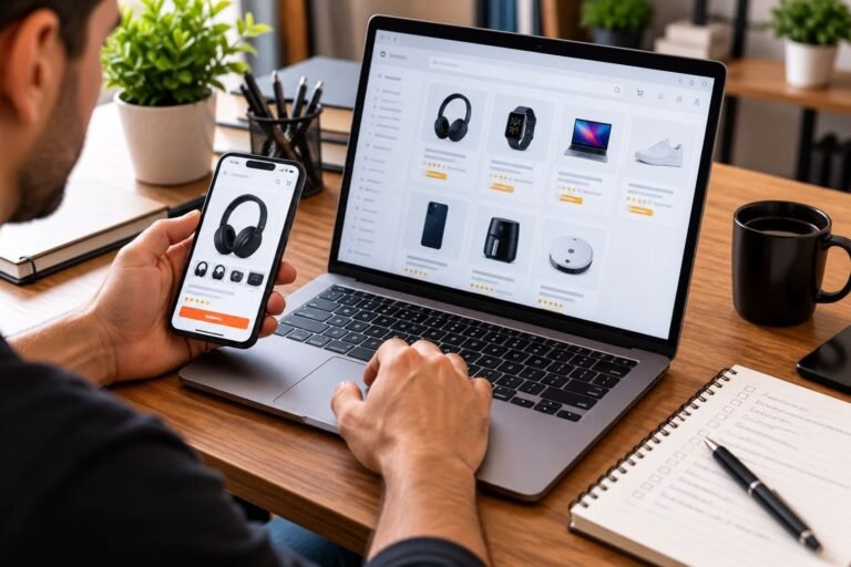 Pessoa analisando produtos em um notebook e smartphone para organizar links de divulgação.
